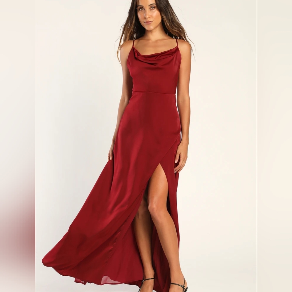 NWT Lulus Red Satin Cowl Neck Dress sz L